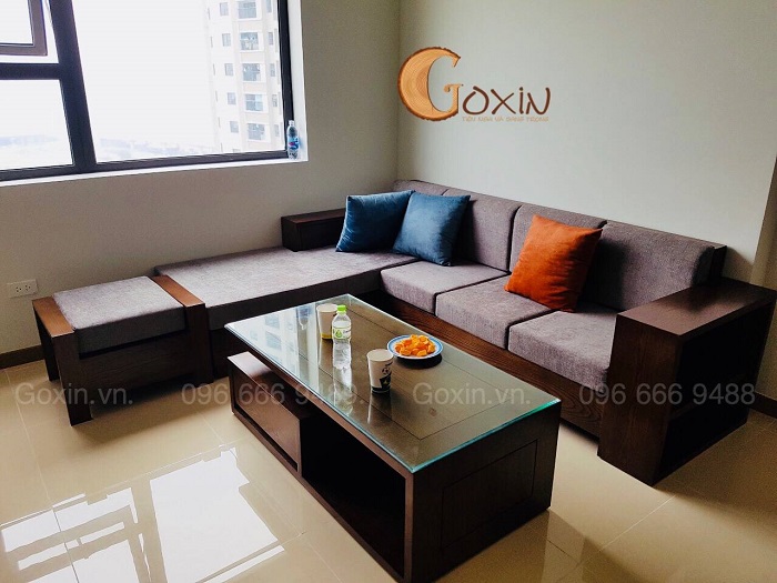 sofa gỗ sồi nga phun màu óc chó mặt đệm